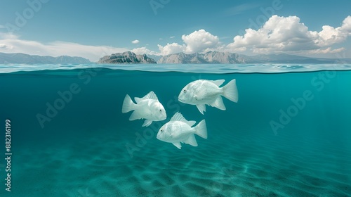 Conceptual illustration of ocean acidification and its impact on marine ecosystems, caused by CO2 absorption in seawater. Illustration, Image, , Minimalism,