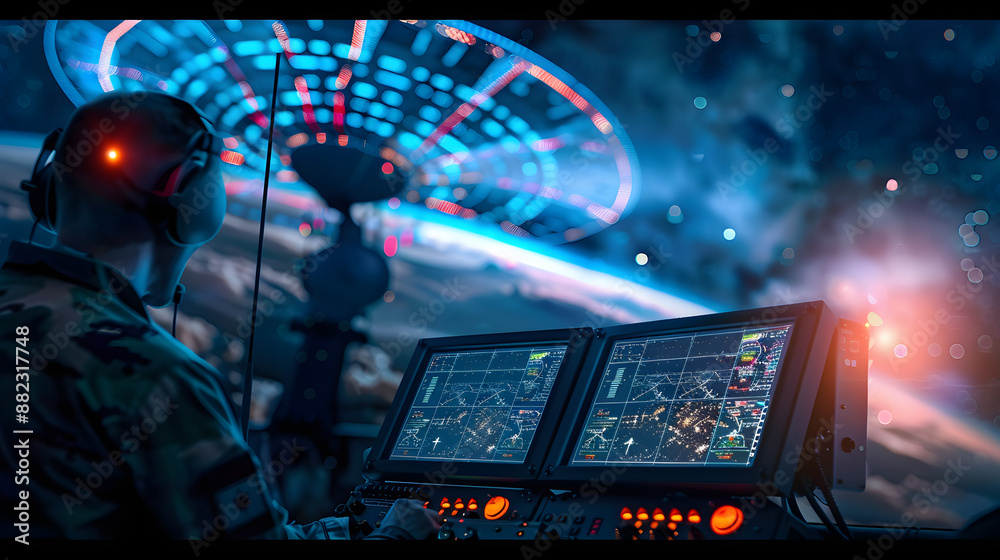 Advanced radar system used by operators to monitor space for defense purposes. Concept Defense, Radar System, Advanced Technology, Space Monitoring, Operators Advanced radar system used by operators to monitor space for defense purposes. Concept Defense, Radar System, Advanced Technology, Space Monitoring, Operators