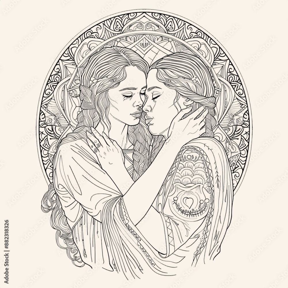 coloring book page - A drawing of two women kissing coloring book page - A drawing of two women kissing