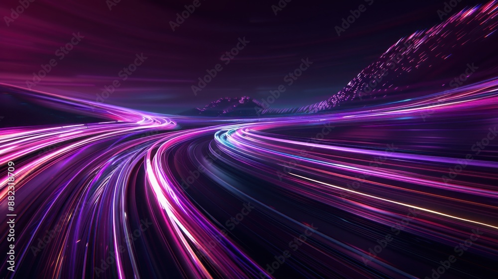 Neon Highway, A mesmerizing digital artwork depicting a futuristic neon highway with vibrant light trails curving through a dark landscape. Neon Highway, A mesmerizing digital artwork depicting a futuristic neon highway with vibrant light trails curving through a dark landscape.