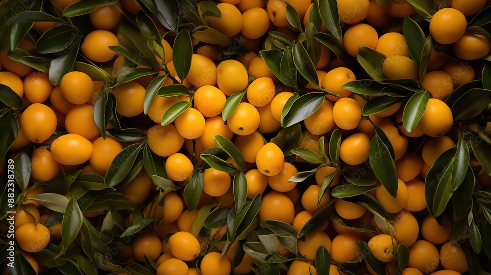 A close-up view of a pile of ripe, yellow kumquats with green leaves background. A close-up view of a pile of ripe, yellow kumquats with green leaves background.