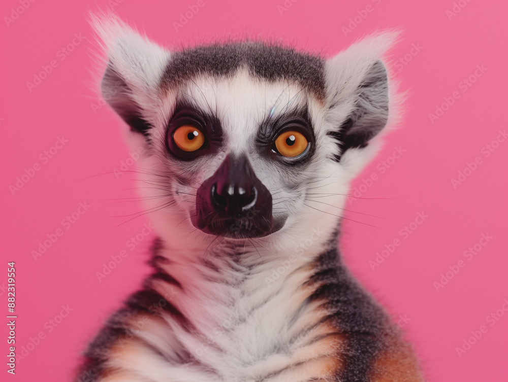 Fototapeta premium Curious Lemur Portrait Against Pink Background