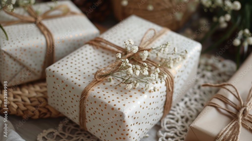 Beautifully wrapped gift boxes with natural twine and floral decorations, perfect for special occasions and celebrations. Beautifully wrapped gift boxes with natural twine and floral decorations, perfect for special occasions and celebrations.