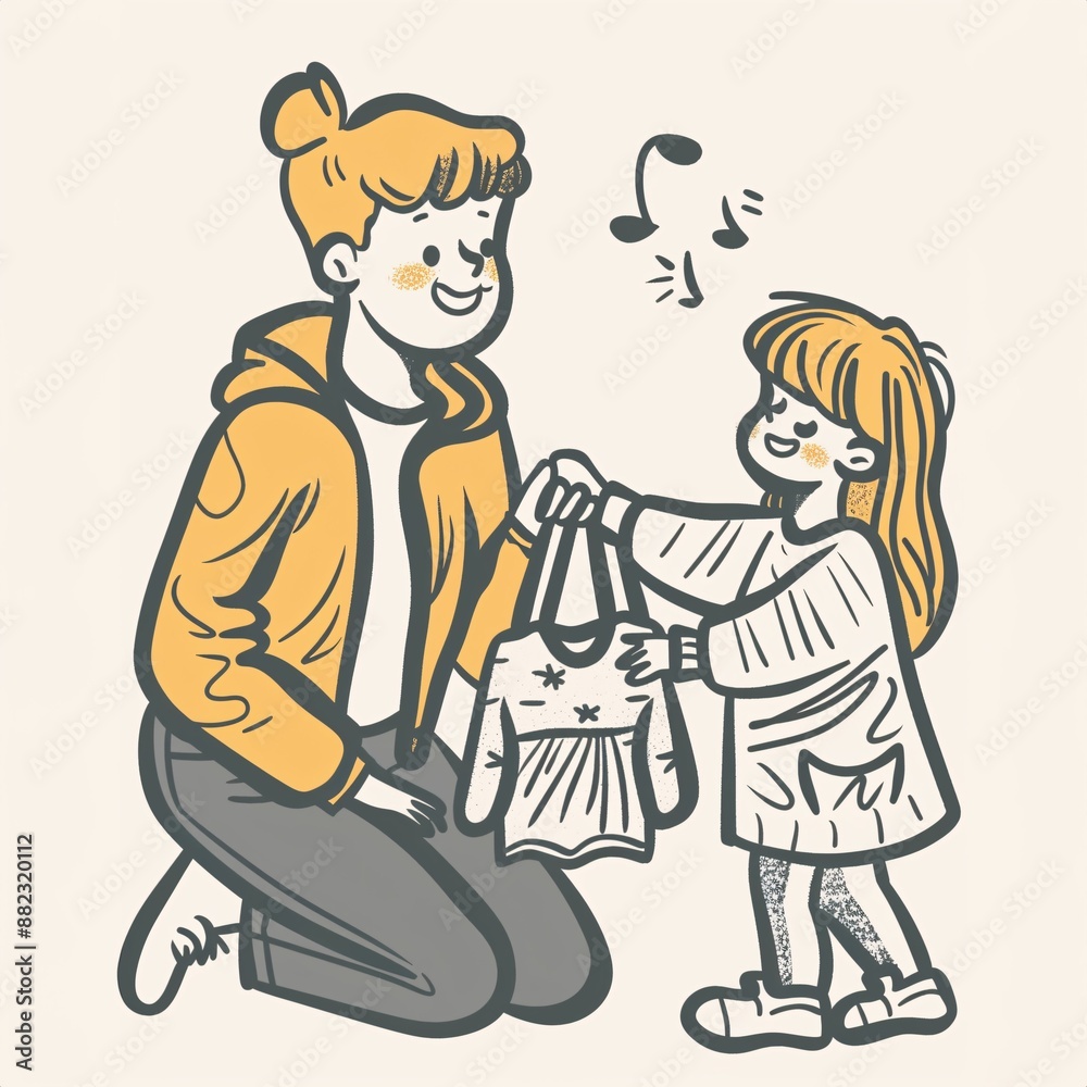 A Mom With Short Hair (Or Hair In A Bun) Kneels On The Floor With A Warm Smile - A Woman And A Girl Holding A Dress A Mom With Short Hair (Or Hair In A Bun) Kneels On The Floor With A Warm Smile - A Woman And A Girl Holding A Dress