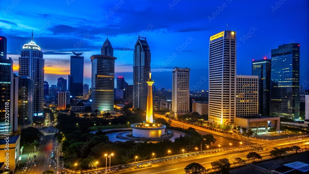 View of skyscraper buildings seen from city park, captured from Monumen Nasional (Monas), Jakarta Indonesia. This skyline captured at dusk or blue hour View of skyscraper buildings seen from city park, captured from Monumen Nasional (Monas), Jakarta Indonesia. This skyline captured at dusk or blue hour
