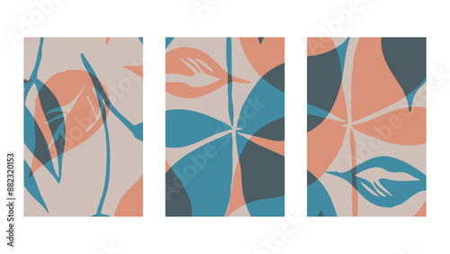 Set of 3 Botanical background. Abstract plant shapes. Minimalist illustration for printing on wall decorations.