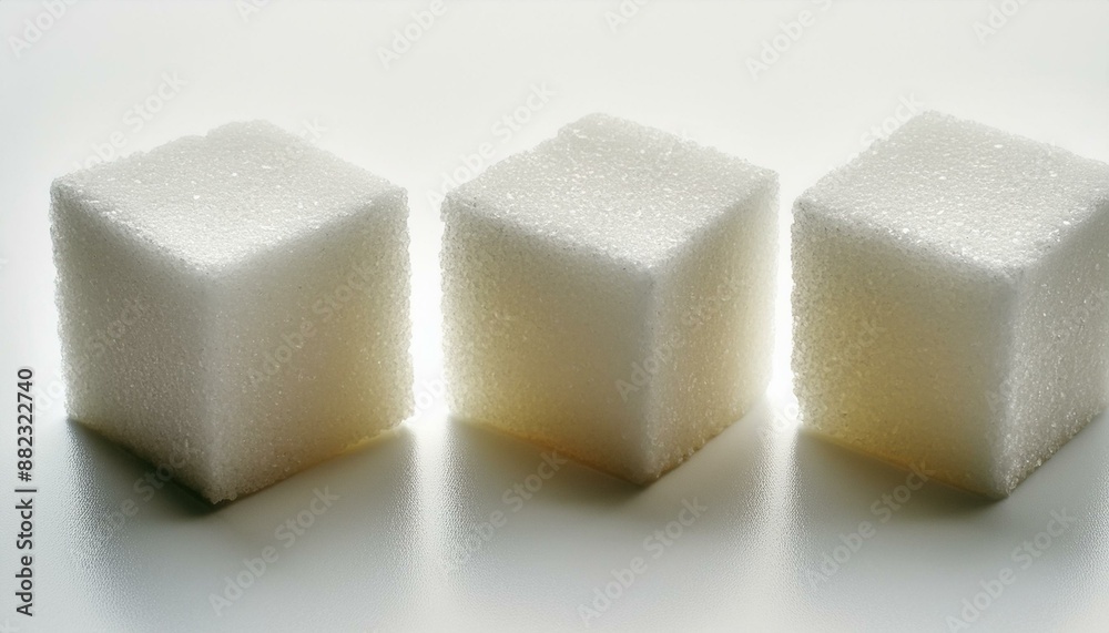 Close-up of three white sugar cubes, isolated on white background Close-up of three white sugar cubes, isolated on white background