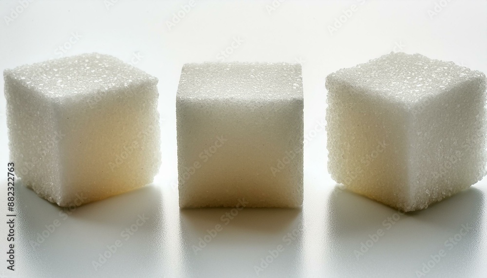 Close-up of three white sugar cubes, isolated on white background Close-up of three white sugar cubes, isolated on white background