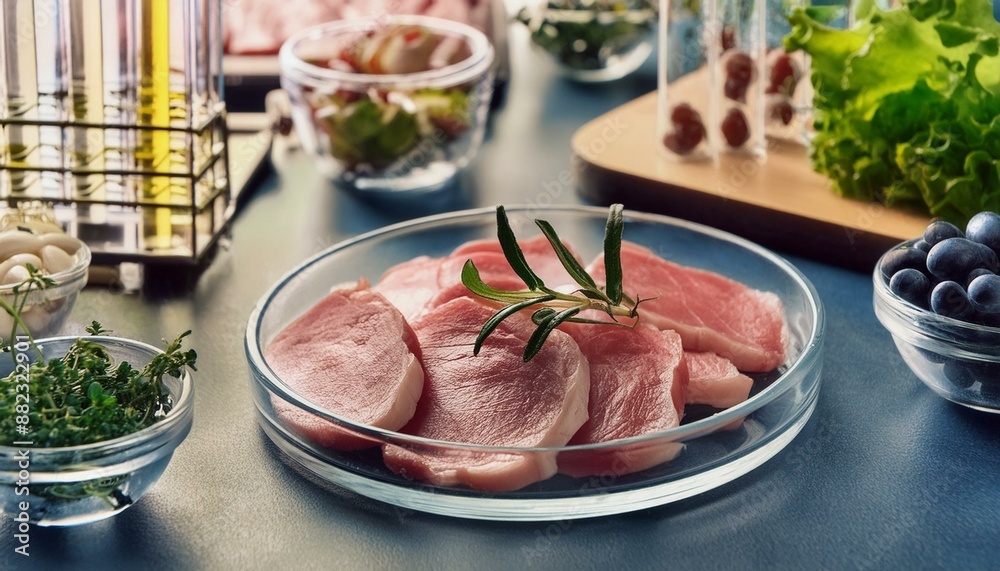 Cultured meat concept, a laboratory setting presents a petri dish nurturing lab-grown meat, promising sustainable food solutions. Generative AI Cultured meat concept, a laboratory setting presents a petri dish nurturing lab-grown meat, promising sustainable food solutions. Generative AI