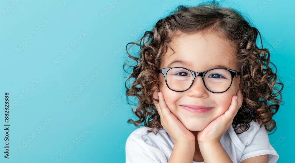 A young girl with curly hair is wearing glasses and smiling A young girl with curly hair is wearing glasses and smiling