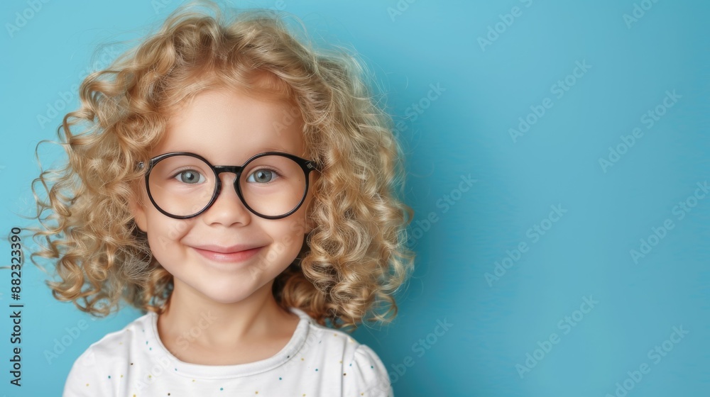 A young girl with curly hair is wearing glasses and smiling A young girl with curly hair is wearing glasses and smiling