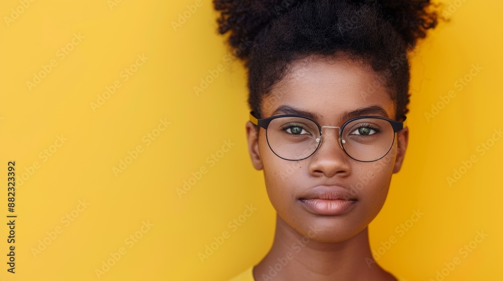 A woman with glasses is standing in front of a yellow wall A woman with glasses is standing in front of a yellow wall