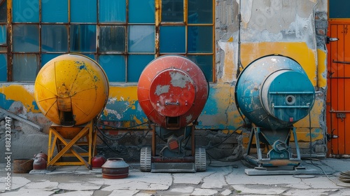 Three Colorful Cement Mixers - Three cement mixers are parked outside a building, they are yellow, red, and blue. - Three cement mixers are parked outside a building, they are yellow, red, and blue.