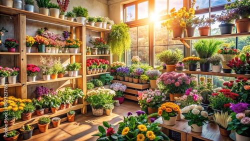 A well-lit floral shop with an array of colorful flowers and greenery, neatly arranged on shelves and crates, illuminated by natural sunlight streaming through a large window © Adisorn