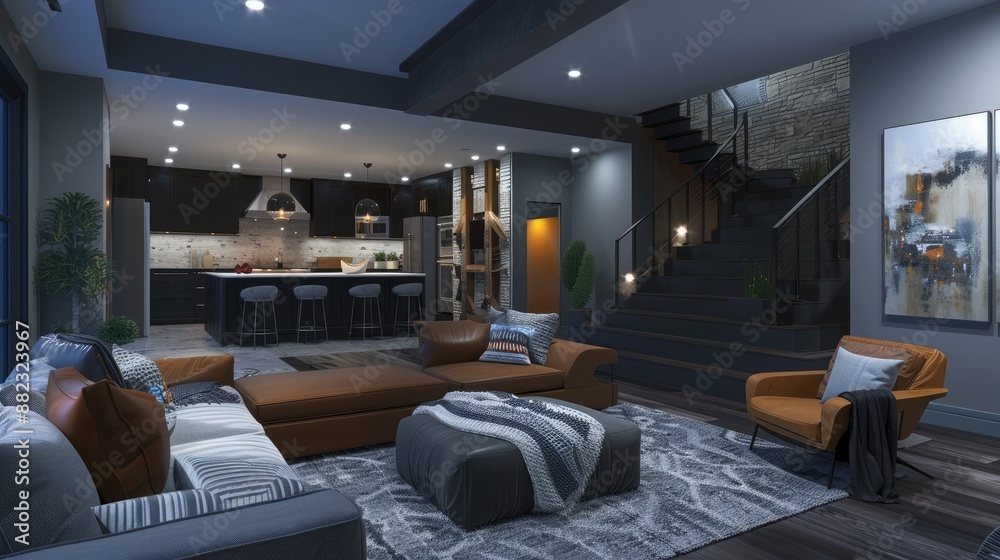 Fototapeta premium Basement interior design in a new house featuring modern furnishings, cozy lighting, and stylish decor.