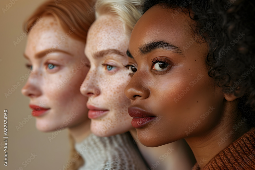 Obraz premium A closeup shot of a female diverse group, makeup-free, facing away from the camera, showcasing natural skin with realistic tones, spots, freckles, and wrinkles against a plain background 