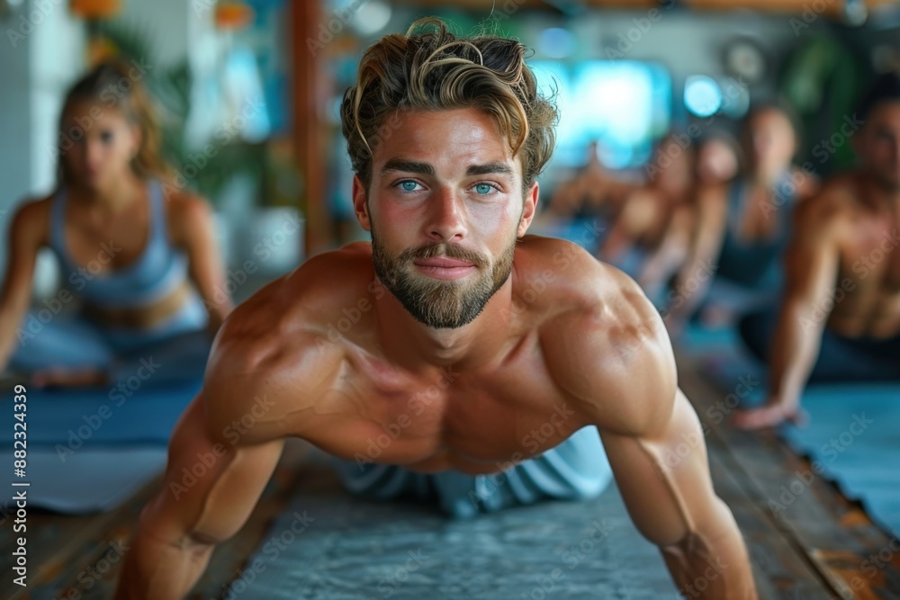 A fit, muscular man performs a plank exercise in a gym setting, with other people practicing behind him, focusing intently at the camera, showcasing strength and determination. A fit, muscular man performs a plank exercise in a gym setting, with other people practicing behind him, focusing intently at the camera, showcasing strength and determination.