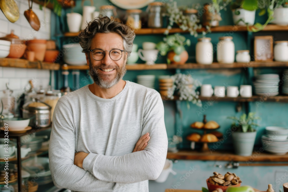 Proud coffee shop owner standing in front of his cozy café, confident entrepreneur, small business owner Proud coffee shop owner standing in front of his cozy café, confident entrepreneur, small business owner