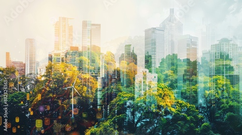 Cityscape and Nature in Harmony - A stunning image of a city with high-rise buildings and a dense forest, showcasing the harmony between urban development and nature. - A stunning image of a city with