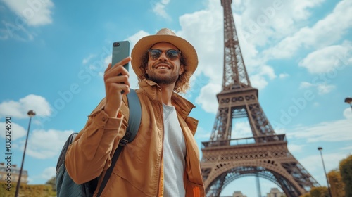 Tourist taking a selfie in front of the Eiffel Tower in Paris photo