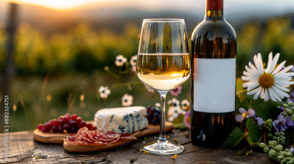 Fototapeta premium Food platter and wine served outdoors on vineyard, decorated with field flowers