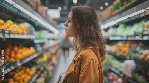 Woman shopping for groceries at a supermarket, Choosing Healthy Products In Mall