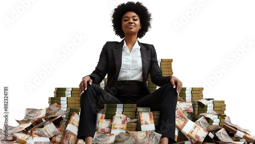 Rich Black business woman boss wearing black suit sitting on pile of kenya with more stacks of money around her against transparent background, throne made of cash, feminine, female power Se photo