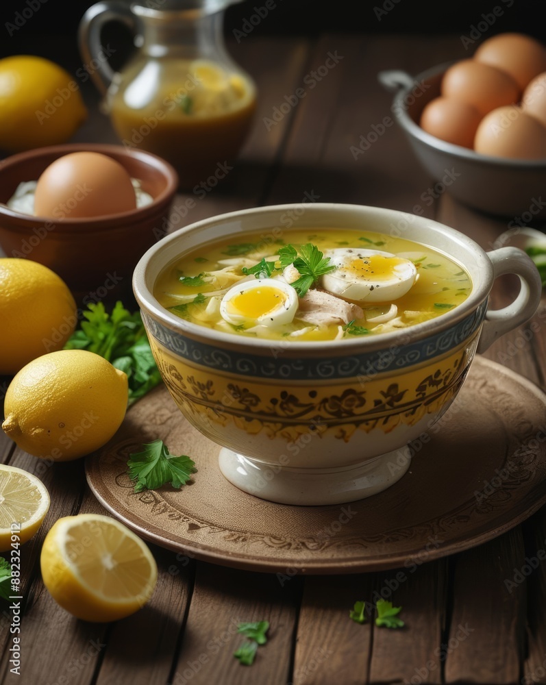 Food photography of Chikhirtma, a Georgian chicken soup thickened with eggs and lemon juice, beautifully garnished with herbs and served in a decorative bowl. Food photography of Chikhirtma, a Georgian chicken soup thickened with eggs and lemon juice, beautifully garnished with herbs and served in a decorative bowl.