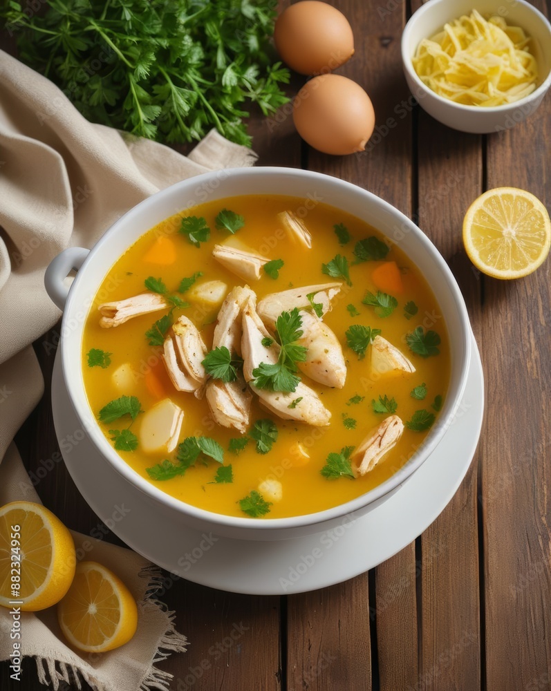 Food photography of Chikhirtma, a Georgian chicken soup thickened with eggs and lemon juice, beautifully garnished with herbs and served in a decorative bowl. Food photography of Chikhirtma, a Georgian chicken soup thickened with eggs and lemon juice, beautifully garnished with herbs and served in a decorative bowl.