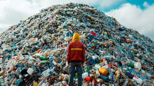 Climber facing mountain of plastic trash photo