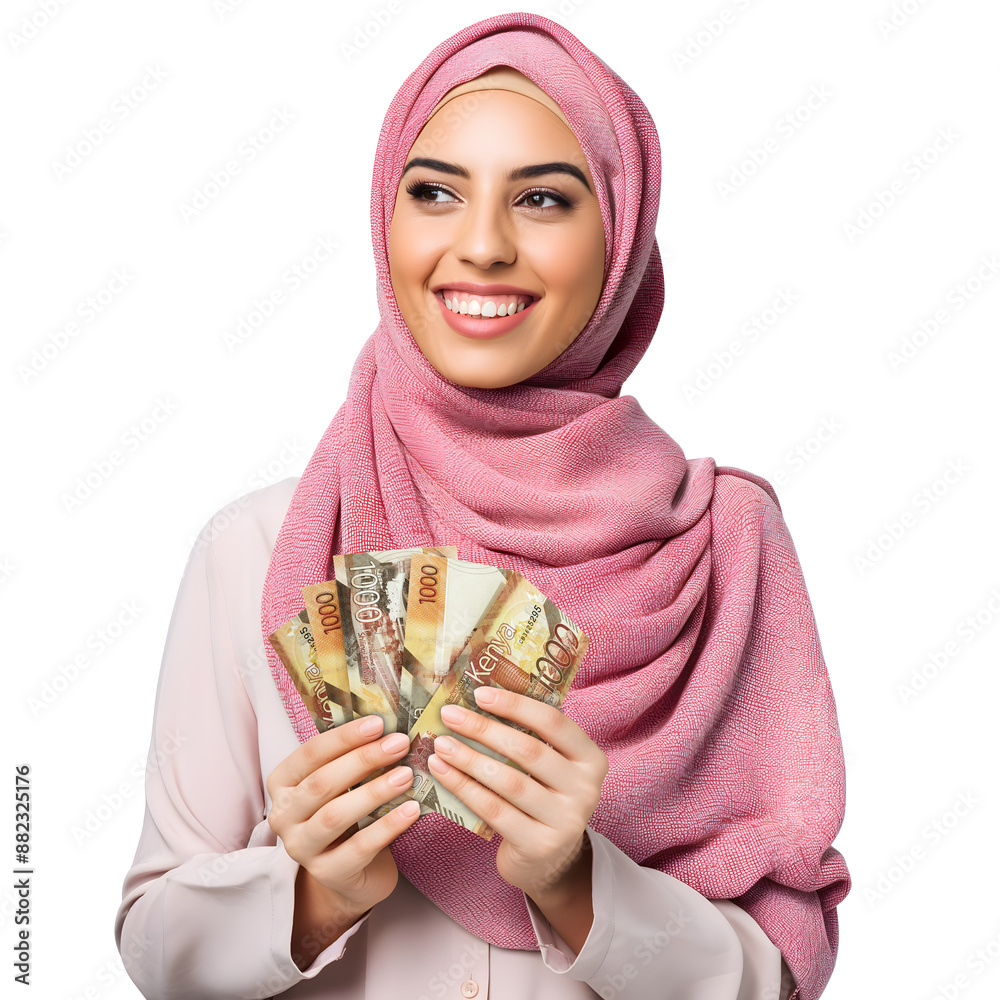 Middle east woman with kenyan shilling notes isolated on a transparent background. Financial freedom, wealth and face of happy, excited and rich female with cash in her hands

