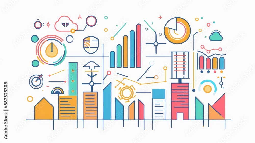 Abstract Data Visualization with Colorful Geometric Shapes and Lines - Abstract data visualization with colorful geometric shapes and lines representing charts, graphs and other data-related elements. Abstract Data Visualization with Colorful Geometric Shapes and Lines - Abstract data visualization with colorful geometric shapes and lines representing charts, graphs and other data-related elements.