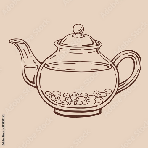 Teapot of tea with sea buckthorn. Hand drawn vector illustration in outline style.