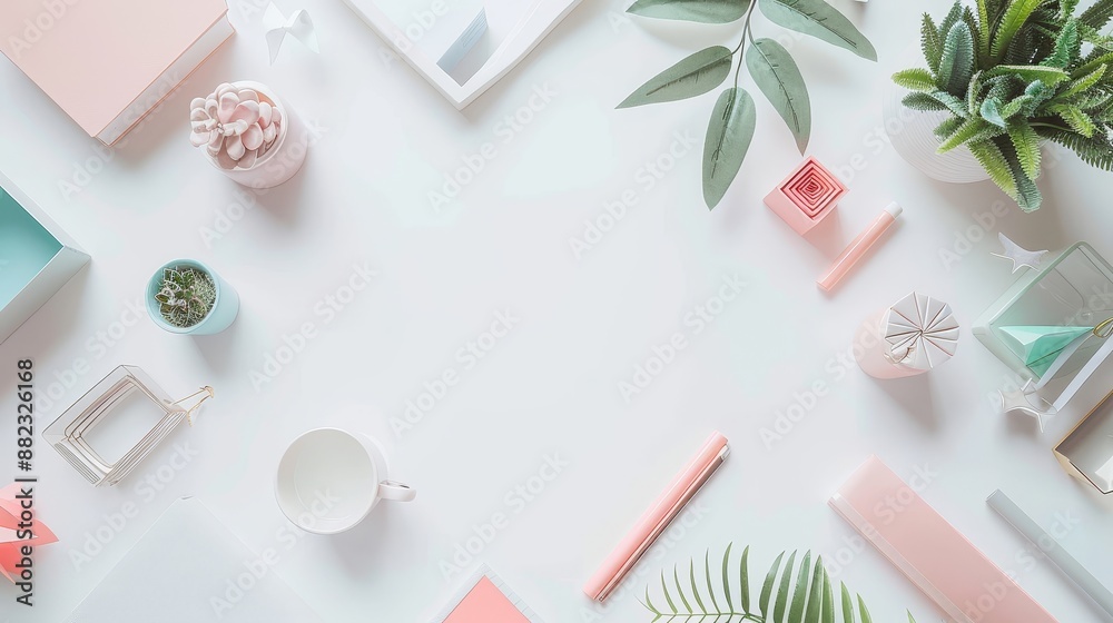 Flat Lay of Desk with Pastel Colors and Plants - A flat lay of a white desk with pastel-colored stationary, plants, and other decorative objects. - A flat lay of a white desk with pastel-colored stati Flat Lay of Desk with Pastel Colors and Plants - A flat lay of a white desk with pastel-colored stationary, plants, and other decorative objects. - A flat lay of a white desk with pastel-colored stati