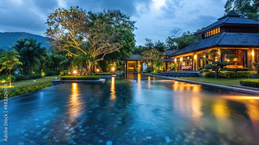 Beautiful private villa with a luxurious swimming pool, surrounded by garden lights in the evening. Beautiful private villa with a luxurious swimming pool, surrounded by garden lights in the evening.