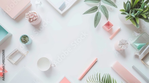 Flat Lay of Desk with Pastel Colors and Plants - A flat lay of a white desk with pastel-colored stationary, plants, and other decorative objects. - A flat lay of a white desk with pastel-colored stati photo