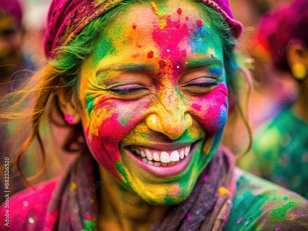 Vibrant hues of pink, green, and yellow powder cover a woman's face as she laughs with joyful abandon, celebrating the Holi color festival. Vibrant hues of pink, green, and yellow powder cover a woman's face as she laughs with joyful abandon, celebrating the Holi color festival.