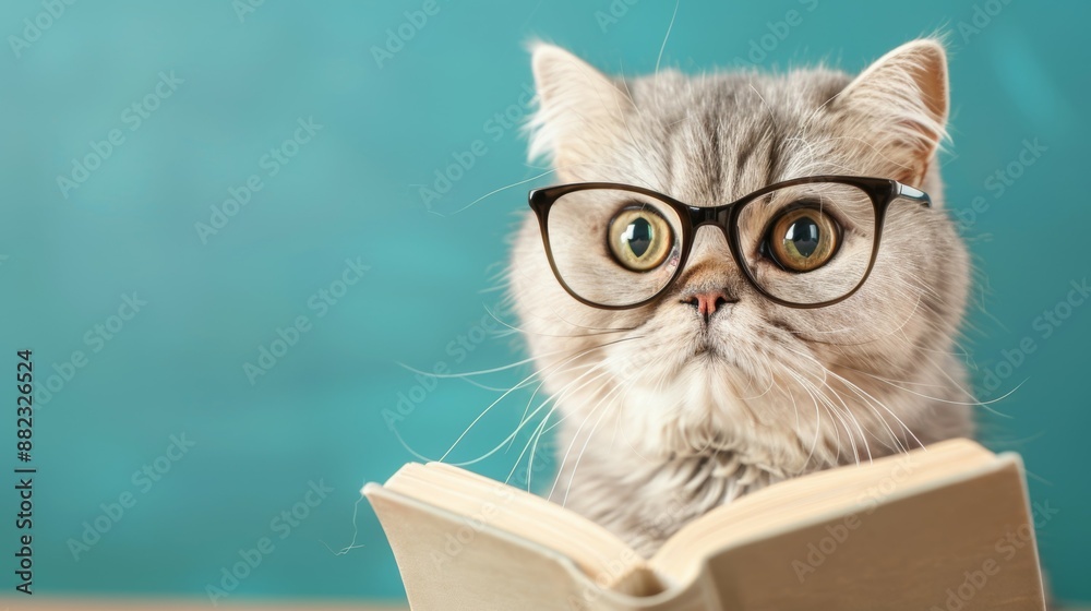 A cat is sitting on a table with a book open in front of it