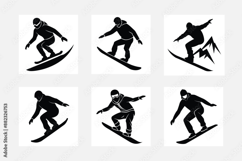 Obraz premium Vector silhouette of detail of snowboarding. Silhouettes of snowboarder isolated on white