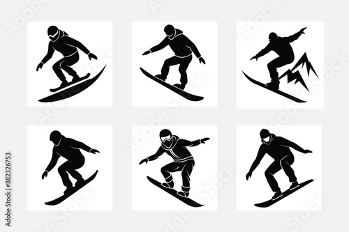 Vector silhouette of detail of snowboarding. Silhouettes of snowboarder isolated on white