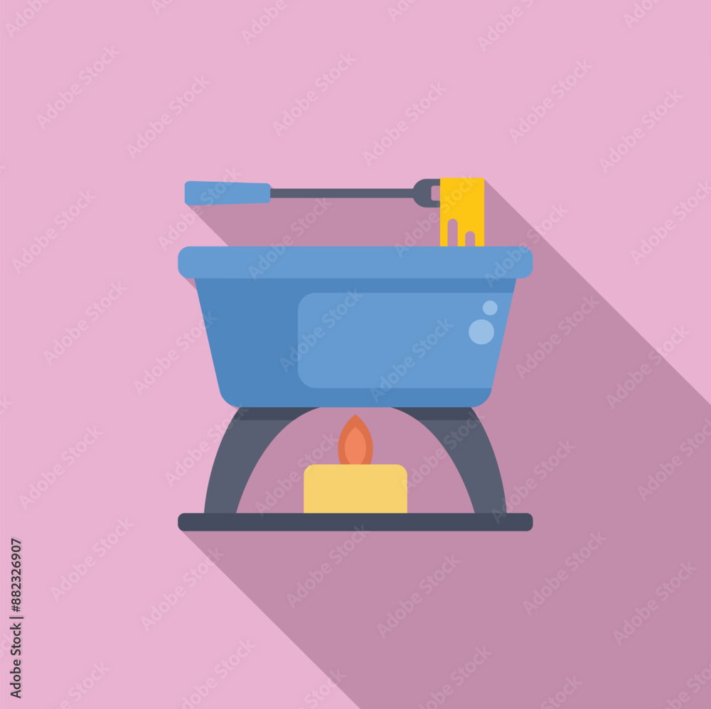 Blue fondue pot is being heated by a lit candle, with a long fork holding a piece of bread dipped in cheese Blue fondue pot is being heated by a lit candle, with a long fork holding a piece of bread dipped in cheese