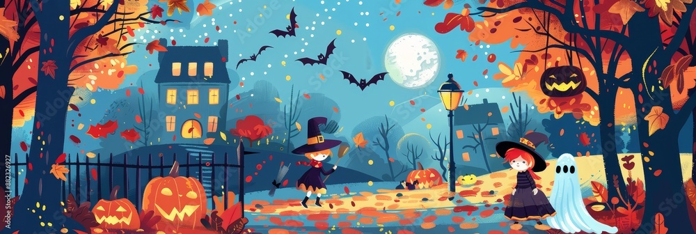 Obraz premium Halloween Night in a Spooky Town - A spooky Halloween night scene with a witch, a ghost, and jack-o-lanterns. The image is colorful and whimsical, perfect for capturing the magic of Halloween. - A spo