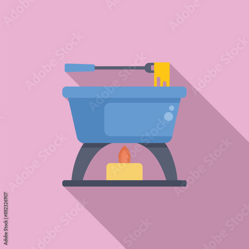 Blue fondue pot is being heated by a lit candle, with a long fork holding a piece of bread dipped in cheese