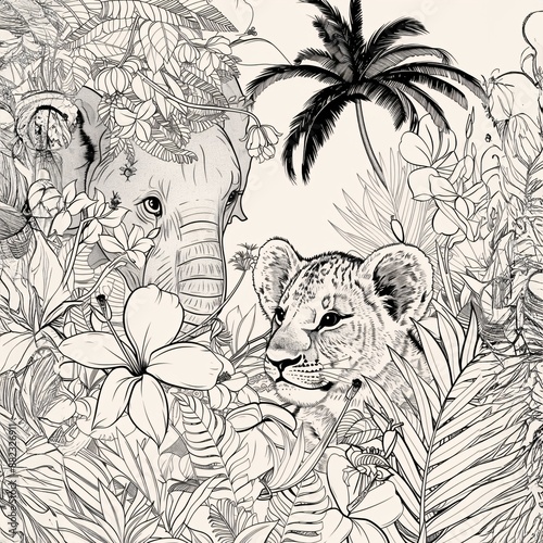 Wallpaper Mural Black And White Coloring Pages Of A Lion Cub Looking Through Jungle Foliage With A Lot Of Strelitzia - A Drawing Of An Elephant And A Cheetah In A Jungle Torontodigital.ca