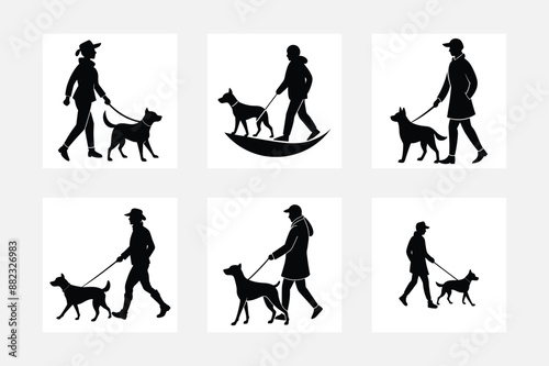 Illustrated silhouettes of contrasting dogs and owners