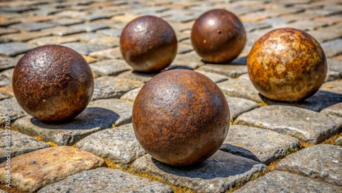 Five weathered, rusty, metal boules of varying sizes scattered carelessly on a worn, gravelly, sun-baked outdoor courtyard floor surface.