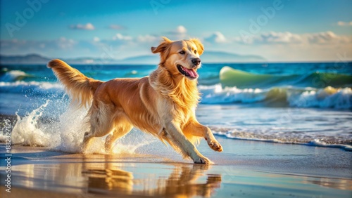 A single happy golden retriever runs freely on a sunny sandy beach with gentle ocean waves in the background.