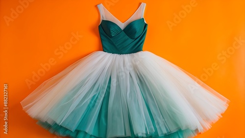 Elegant green and white layered tulle dress against an orange background photo