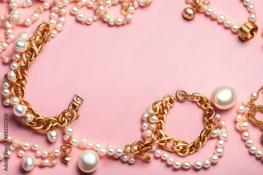 Top view of golden and pearl bracelets on pink and white background with copy space. Top view of golden and pearl bracelets on pink and white background with copy space.