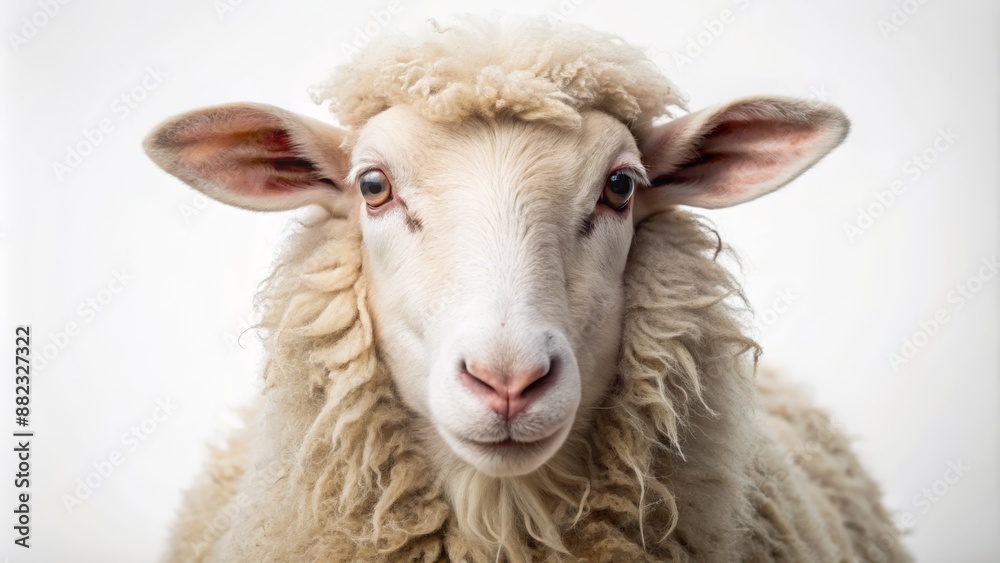 Fluffy white sheep with gentle expression, posed on a clean white background, awaiting overlay of text or graphics with rustic charm. Fluffy white sheep with gentle expression, posed on a clean white background, awaiting overlay of text or graphics with rustic charm.